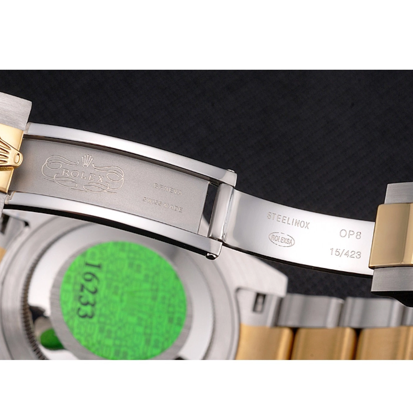 Rolex copies cheap Swiss Green Rolex Two Tone Bezel Bracelet Submariner Gold Dial And Steel 0603